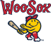 The WooSox Smiley Ball mascot is swinging a bat.